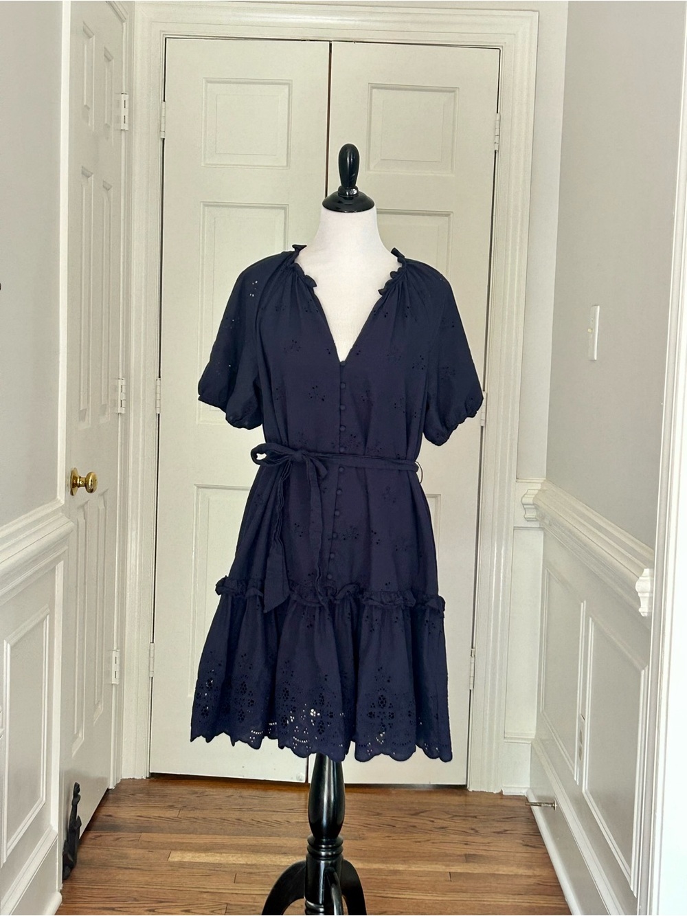 ANTONIO MELANI Tatum Navy Eyelet Tiered Mini Dress with Tie Waist